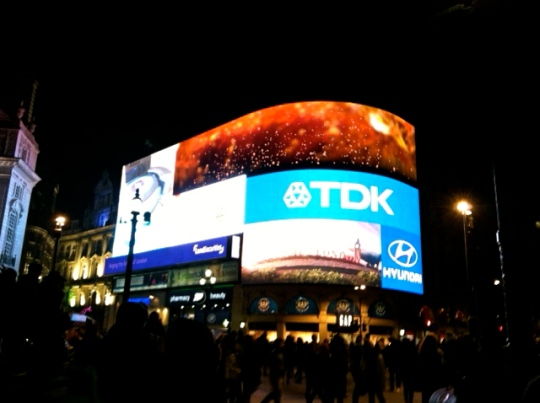 Leicester Square at night. 